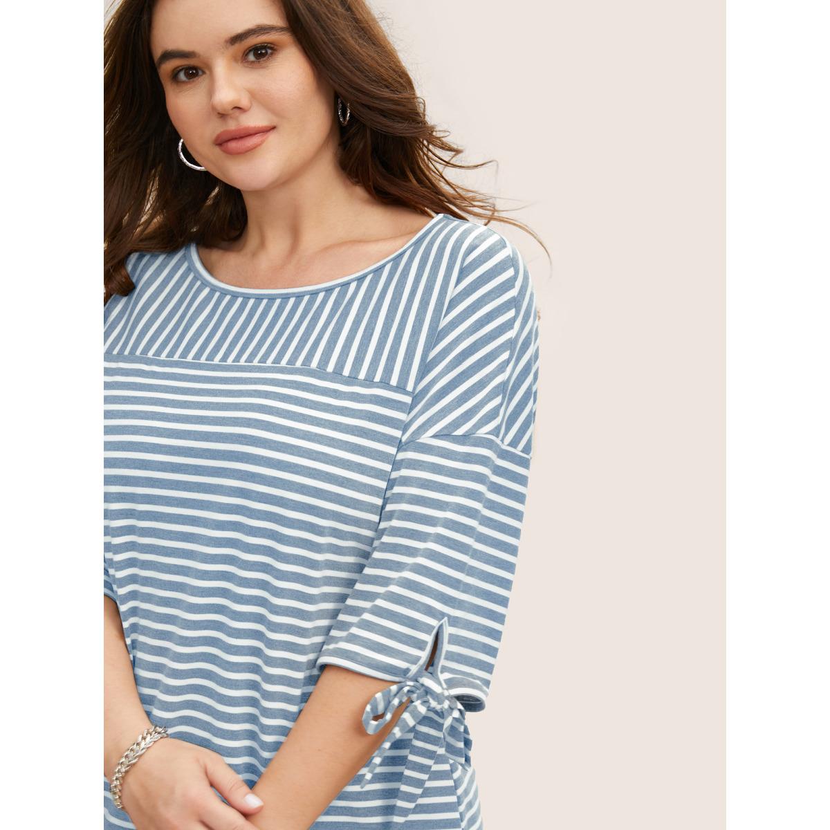 Plus Size Striped Boat Neck Tie Knot T-shirt Stone Women Casual Tie knot Boat Neck Everyday T-shirts BloomChic 28/5X Product Image