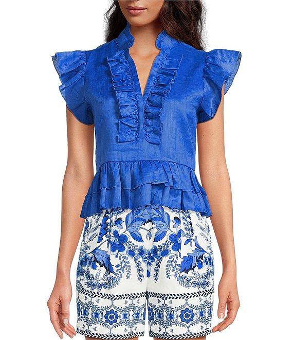A Loves A Woven Ruffle Collar Split V-Neck Flutter Cap Sleeve Cropped Blouse Product Image