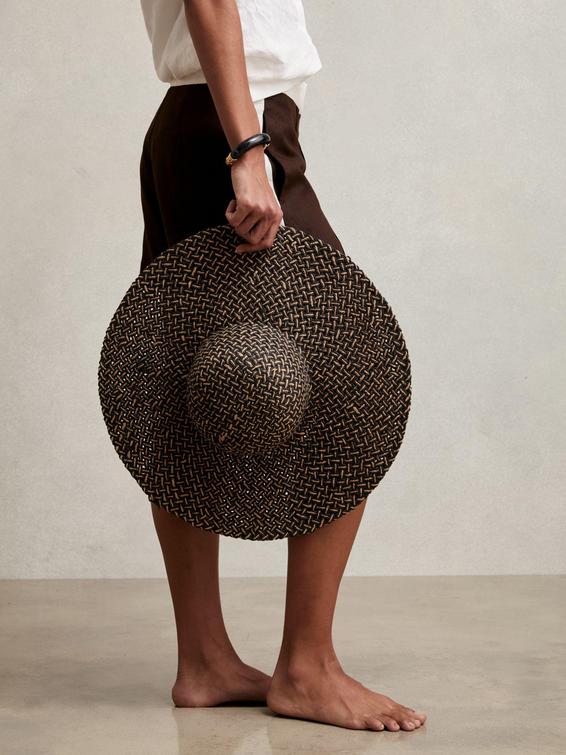 Straw Basket-Weave Sun Hat in Black/Natural Product Image