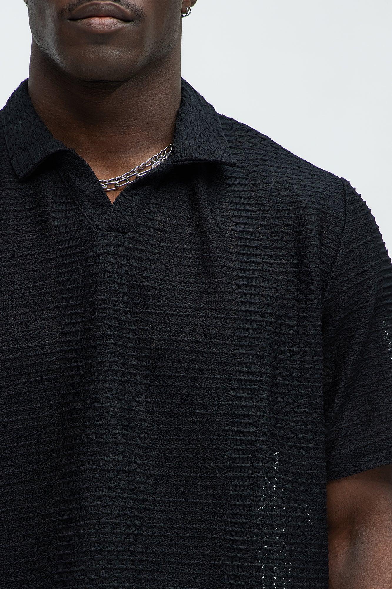 Clay Wavy Open Knit Johnny Collar Shirt - Black Product Image