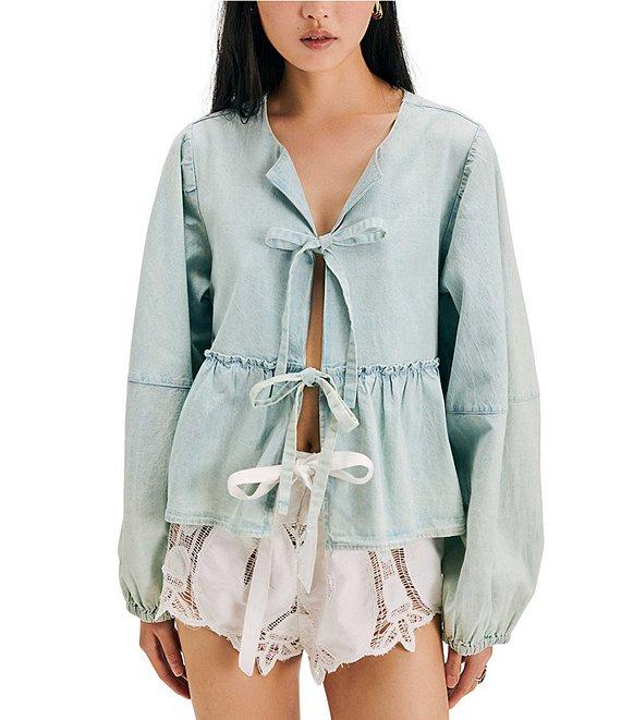 Free People Denim Brunch Babe V Neck Tie Front Long Sleeve Blouse Product Image