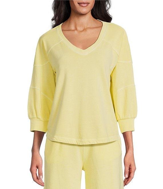 Westbound Knit 3/4 Sleeve V-Neck Stripe Detail Top Product Image