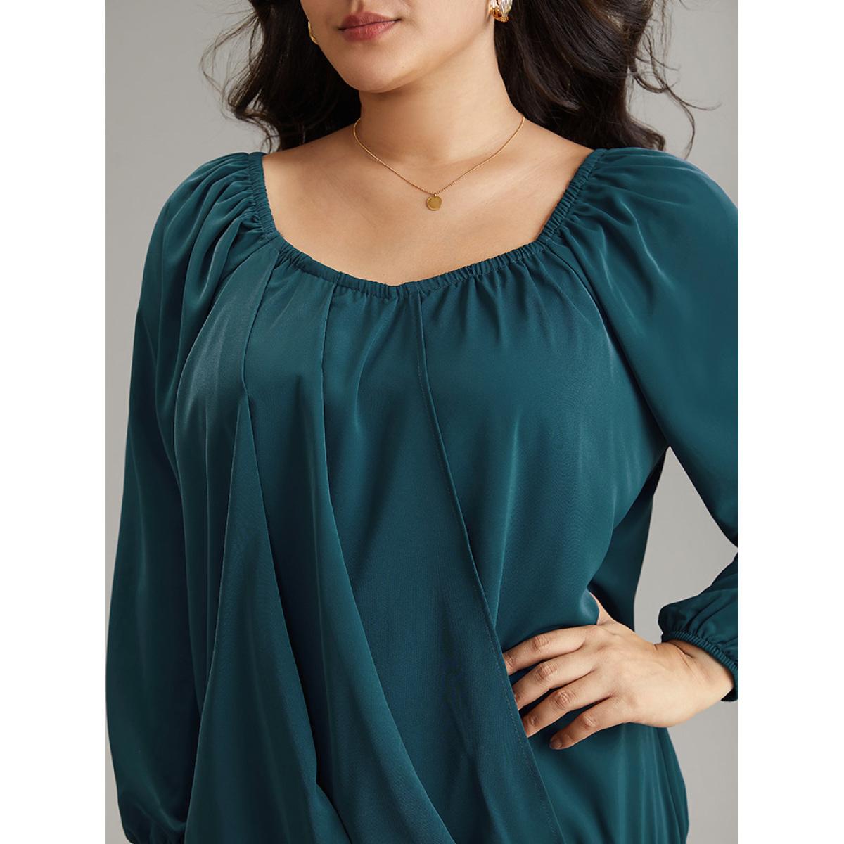 Plus Size Aegean Static-Free Solid Lantern Sleeve Plicated Detail Blouse Women Elegant Long Sleeve Square Neck Office Blouses BloomChic 12/L Product Image