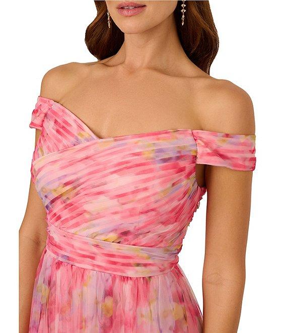 Adrianna Papell Tulle Floral Print Off-The-Shoulder Neck Short Sleeve A-Line Gown Product Image
