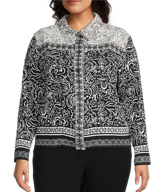 Ruby Rd. Plus Size Luxe Voile Abstract Botanical Border Print Point Collar Long Sleeve Button-Front Jacket Product Image