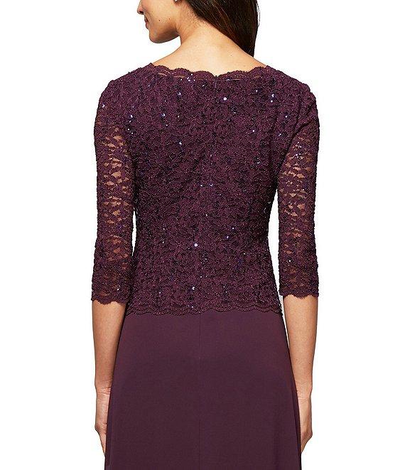 Alex Evenings 3/4 Sleeve Sequined Lace Crew Neck Scalloped Bodice Chiffon Skirted Gown Product Image