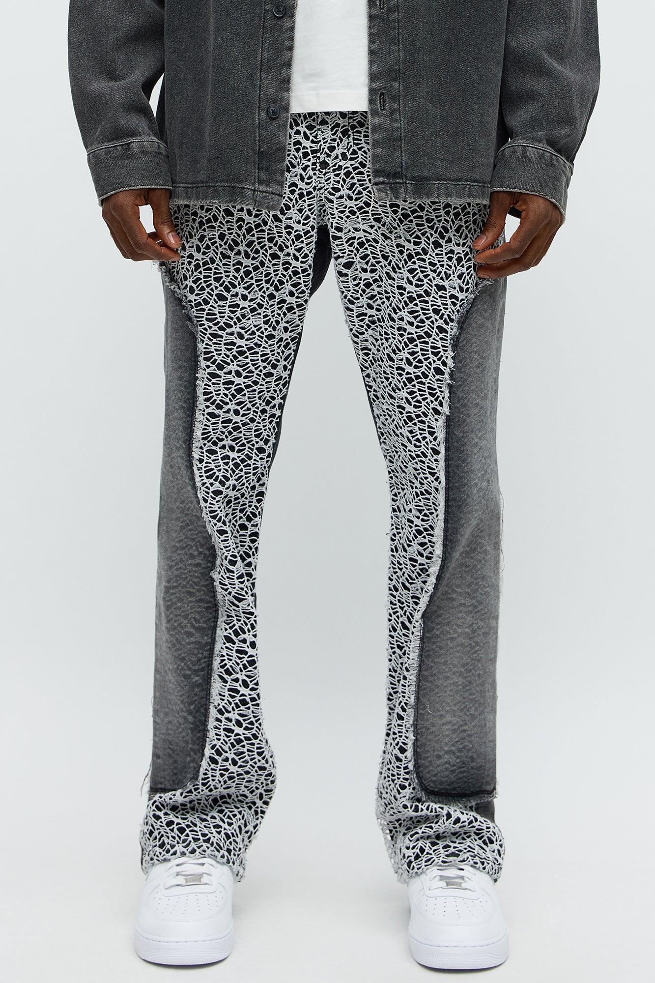 Stacked Slim Flare Burnout Laced Distressed Jeans - Black/combo Product Image