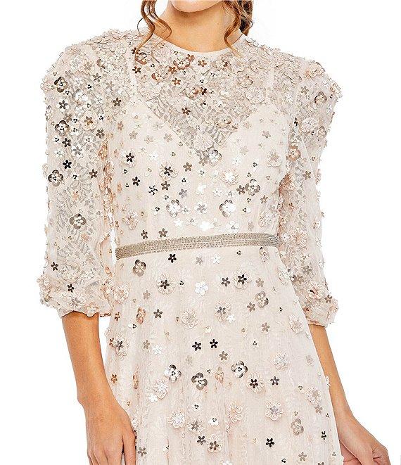 Mac Duggal Sequin Floral Applique Illusion Crew Neck 3/4 Sleeve Gown Product Image