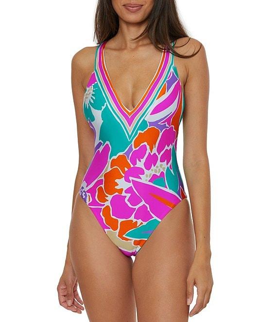 Trina Turk Amalfi Floral Border Print Plunge One Piece Swimsuit Product Image