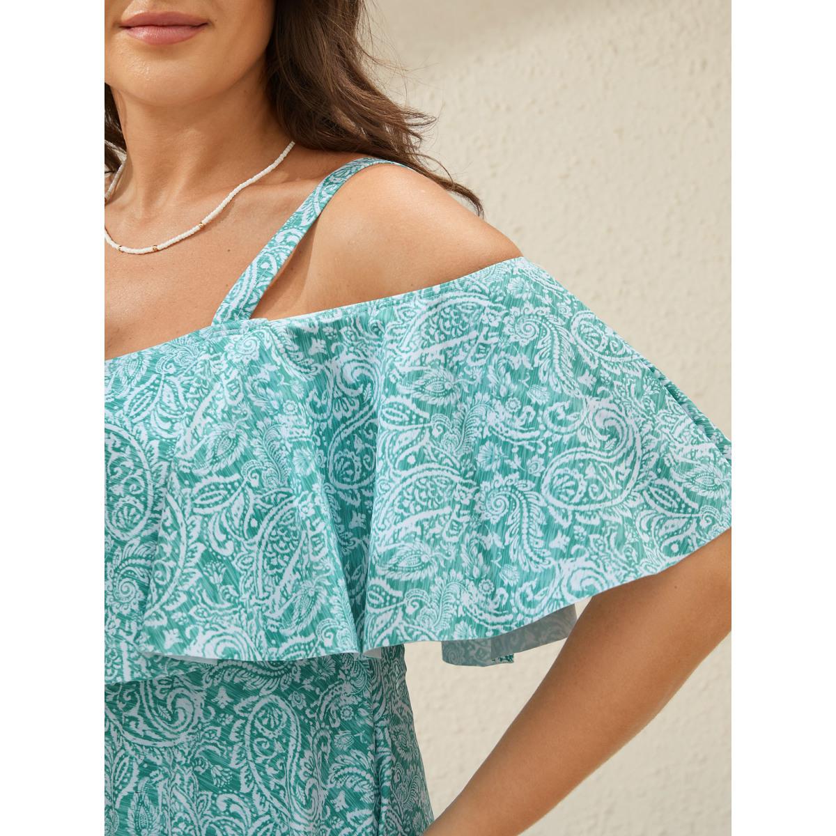 Plus Size Anti-Float Tie Paisley Print Swim Dress Women's Swimwear Malachitegreen Resort Bodycon One-shoulder neck High stretch Curve Swim Dresses BloomChic 30/6X Product Image