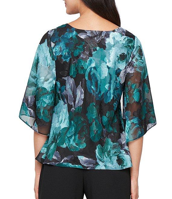 Alex Evenings Chiffon Burnout Floral Print V-Neck 3/4 Sleeve Tulip Hem Blouse Product Image