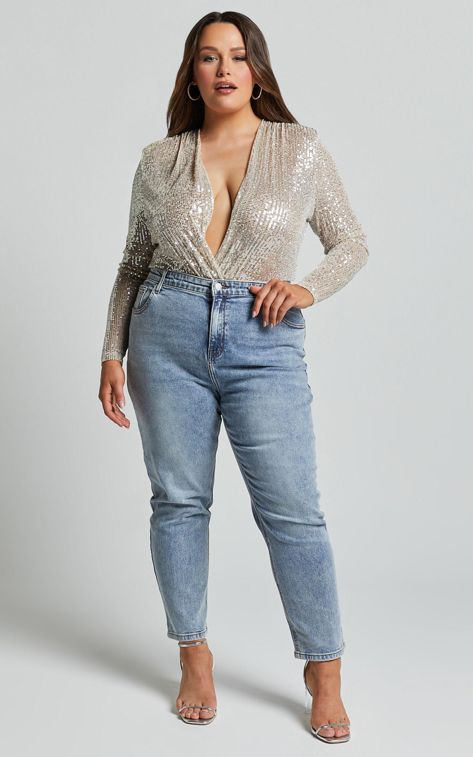 Alora Bodysuit - Sequin Wrap Front Long Sleeve Bodysuit in Silver Product Image