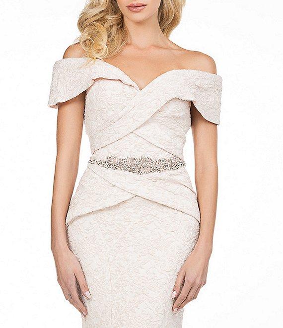Terani Couture Off-the-Shoulder Short Sleeve Brocade Embellished Belt Mermaid Gown Product Image