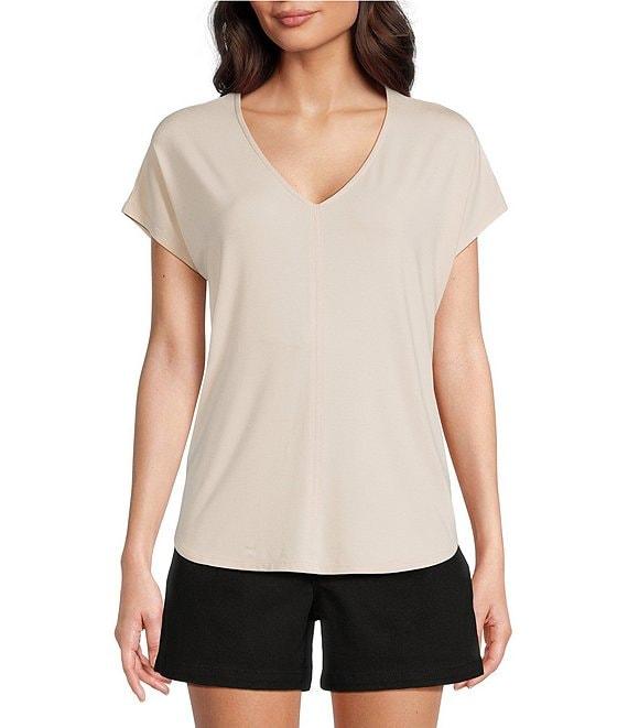 Gibson & Latimer Knit V-Neck Dropped Short Sleeve Shell Shirttail Tee Shirt Product Image