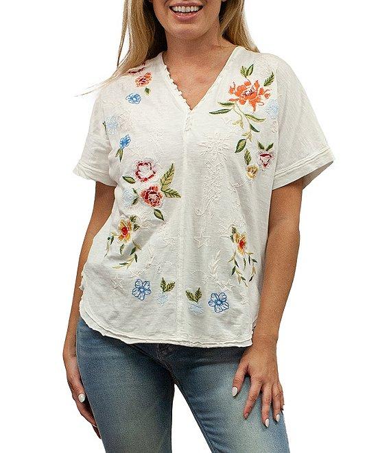 Karyn Seo Tessa Floral Embroidered Button V-Neck Dolman Short Sleeve Tee Product Image