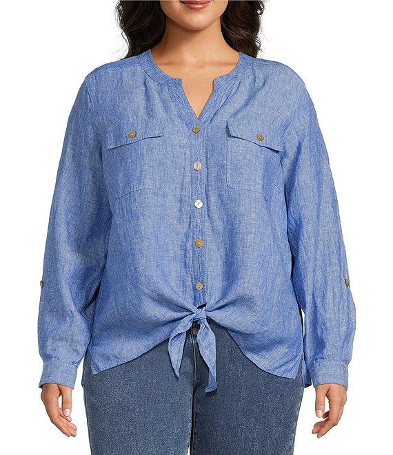 John Mark Plus Size Woven Y-Neck Long Roll-Tab Sleeve Tie-Front Button Front Top Product Image
