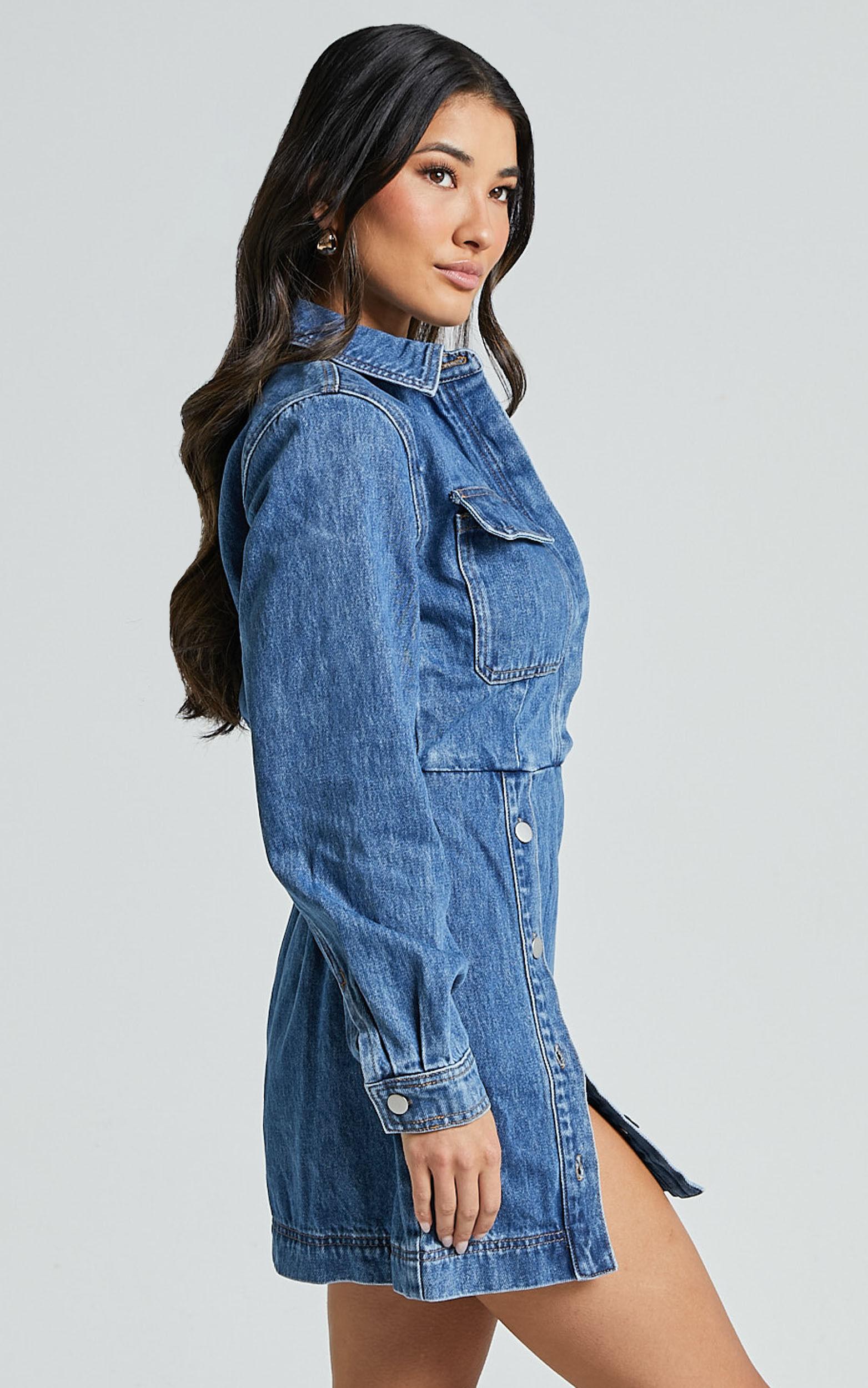 Ainsley Mini Dress - Button Through Long Sleeve Denim Dress in Mid Blue Wash Product Image