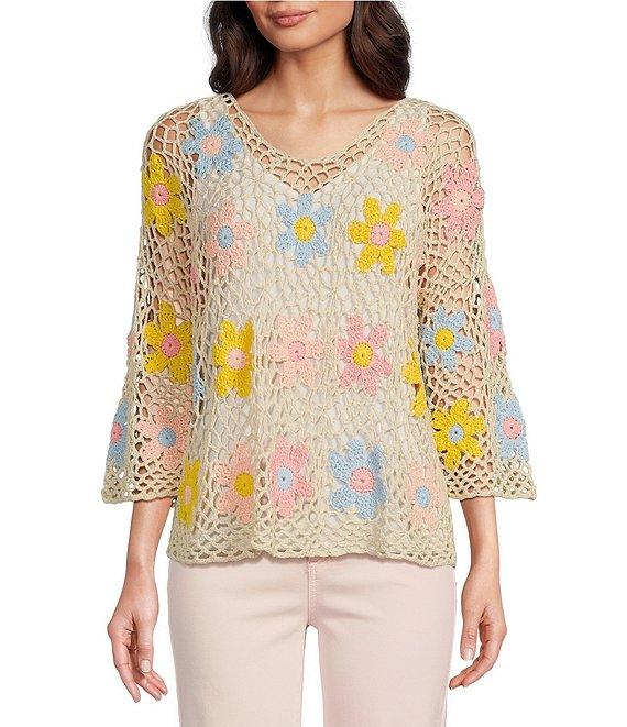 Charlie B. Crochet Floral Knit Round Neck Long Sleeve Top Product Image