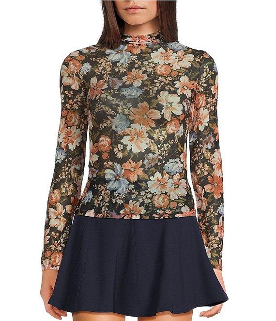 Blu Pepper Floral Printed Mesh Mock Neck Long Sleeve Top Product Image