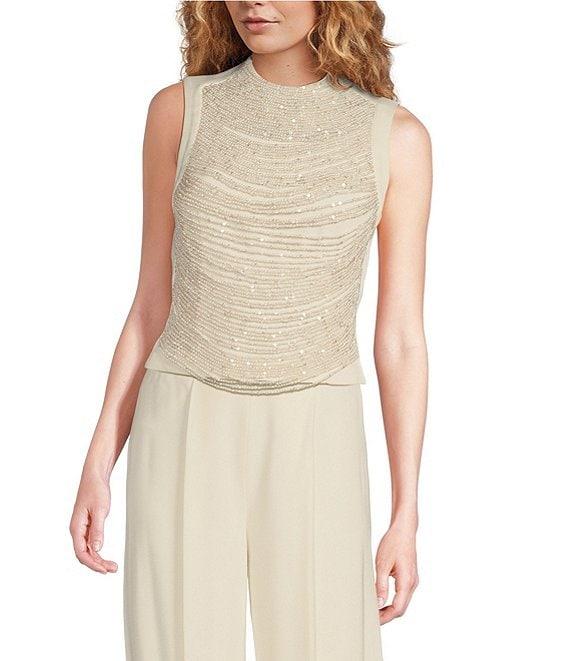 Muse by Marchesa Snowdrop Woven Pearl Rhinestone Mock Neck Sleeveless Fitted Blouse Product Image