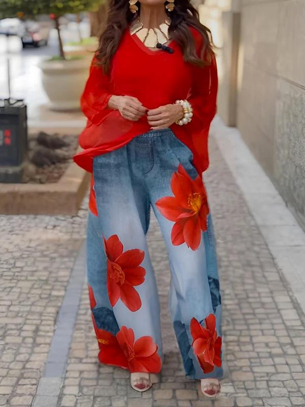 Loose Wide Leg Flower Print Jean Pants Bottoms Trousers Product Image