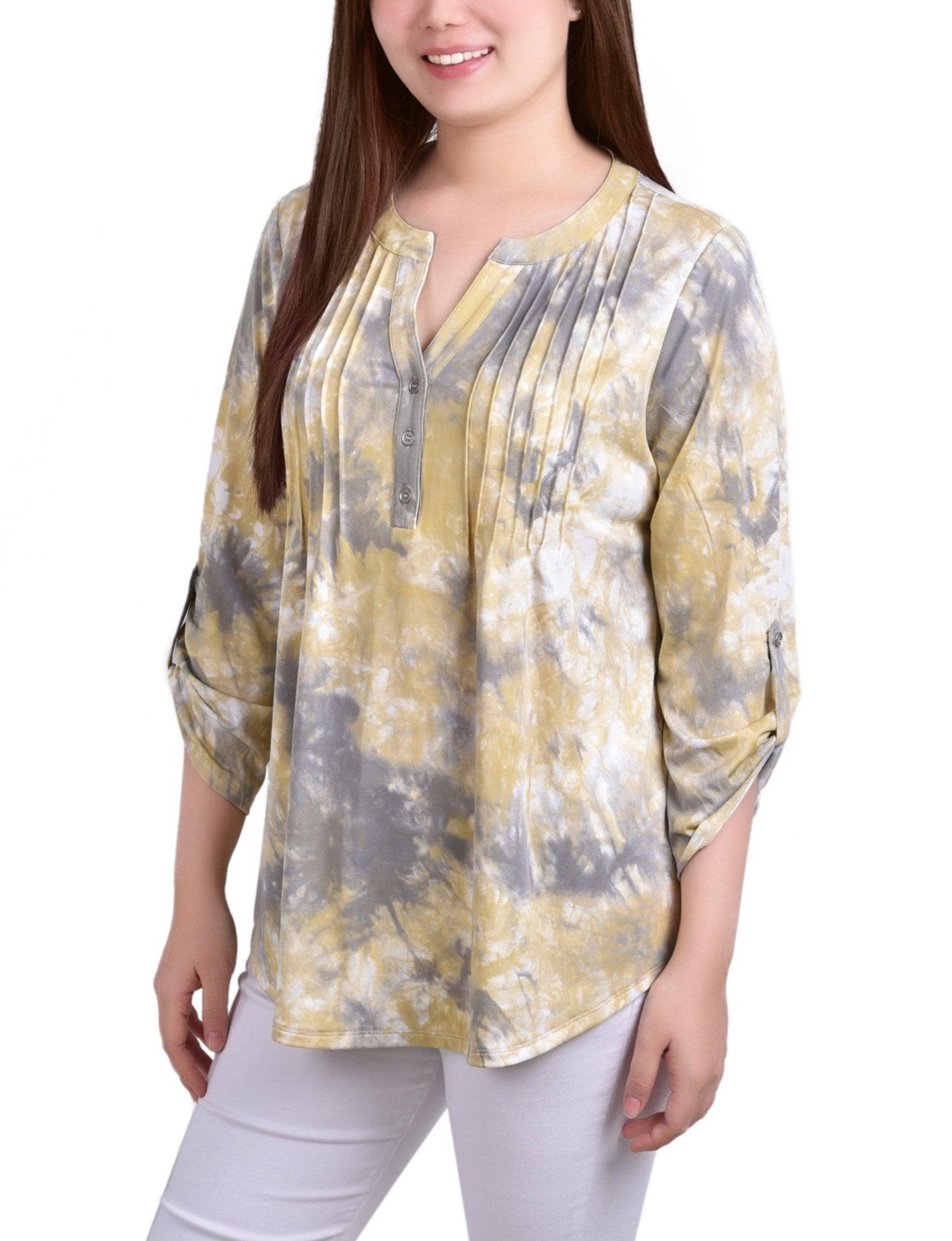 Yellow Tiedye 3/4 Bell Sleeve Pleat Front Y Neck Top - Petite Product Image