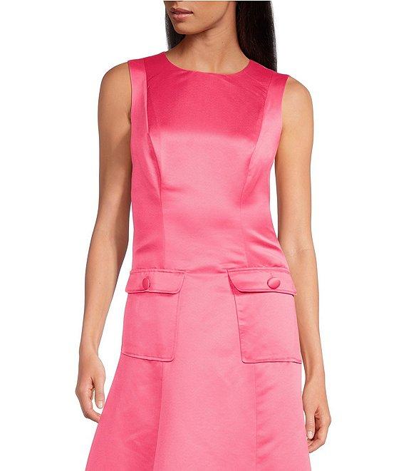 Trina Turk Satin High Neck Sleeveless Vertical Seam Front Patch Pocket Guinevere Dress Product Image