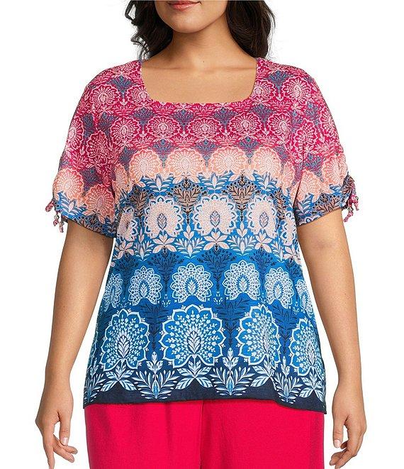 Allison Daley Plus Size Pomegranate Damask Floral Border Print Short Ruched Tie Sleeve Square Neck Knit Top Product Image