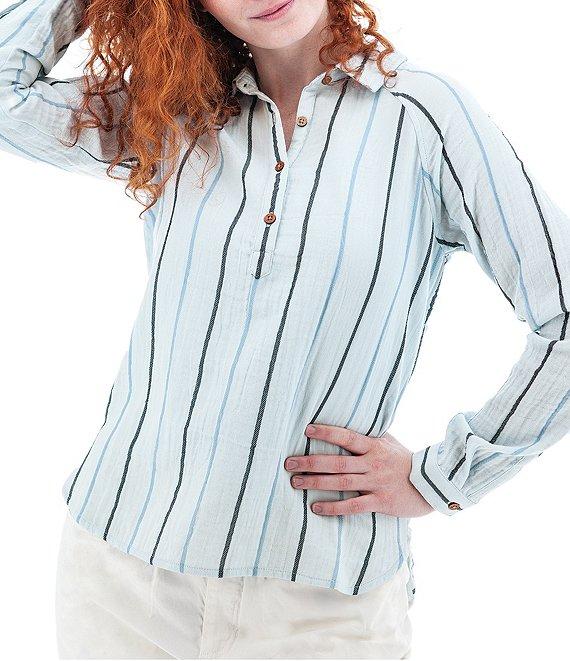 Aventura Kelford Woven Organic Cotton Stripe Print Point Collar Long Raglan Sleeve Popover Top Product Image