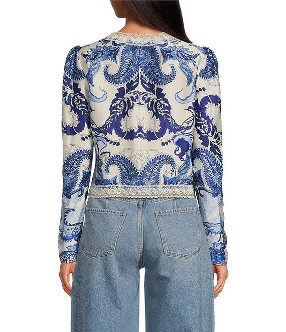 Gianni Bini Callie Satin Lace Trim Tie Front Square Neck Long Sleeve Chambray Blouse Product Image