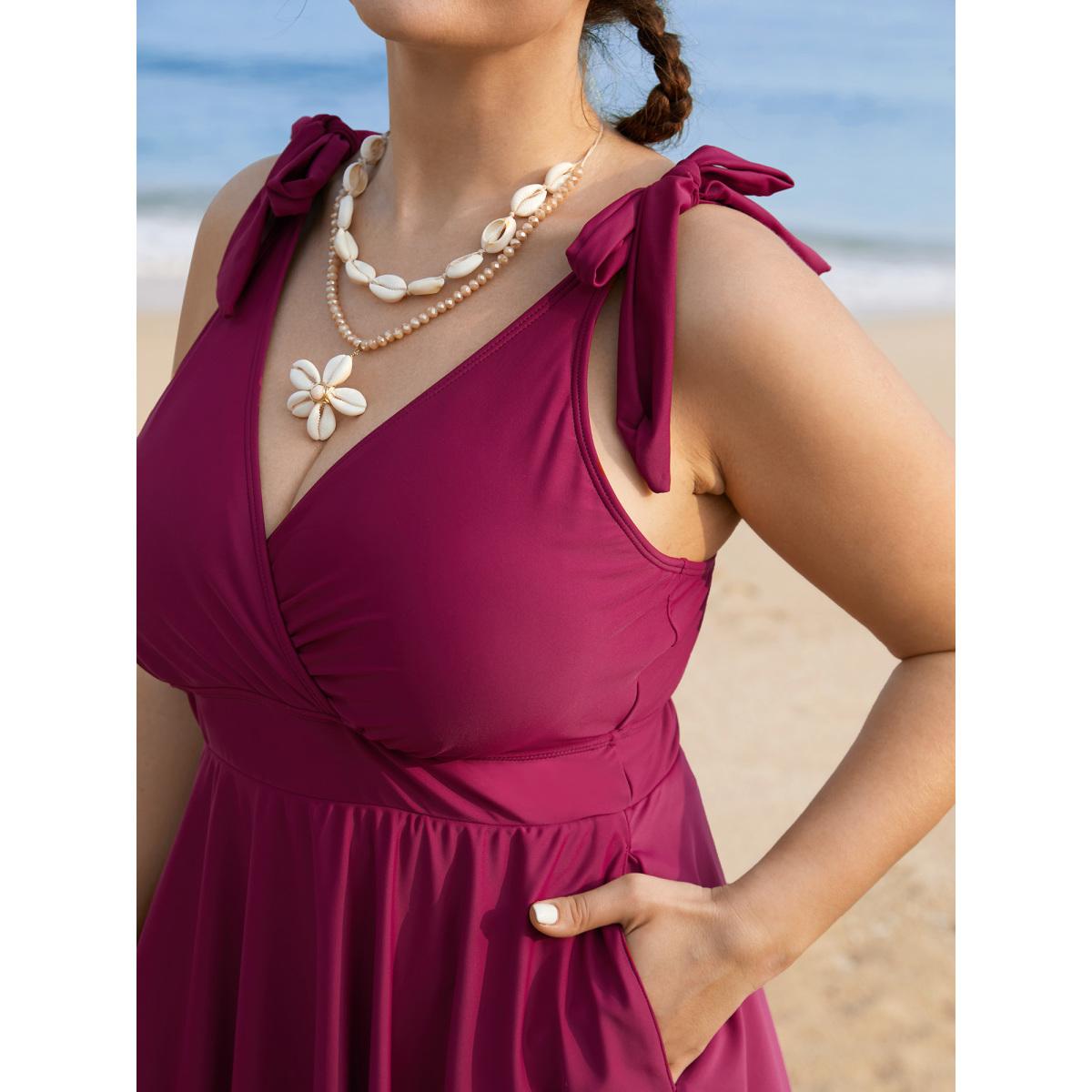 Plus Size Solid Tie Knot Pocket Ruffles Swim Dress Women's Swimwear RedViolet Beach Bodycon Overlap Collar High stretch Curve Swim Dresses BloomChic 12/L Product Image