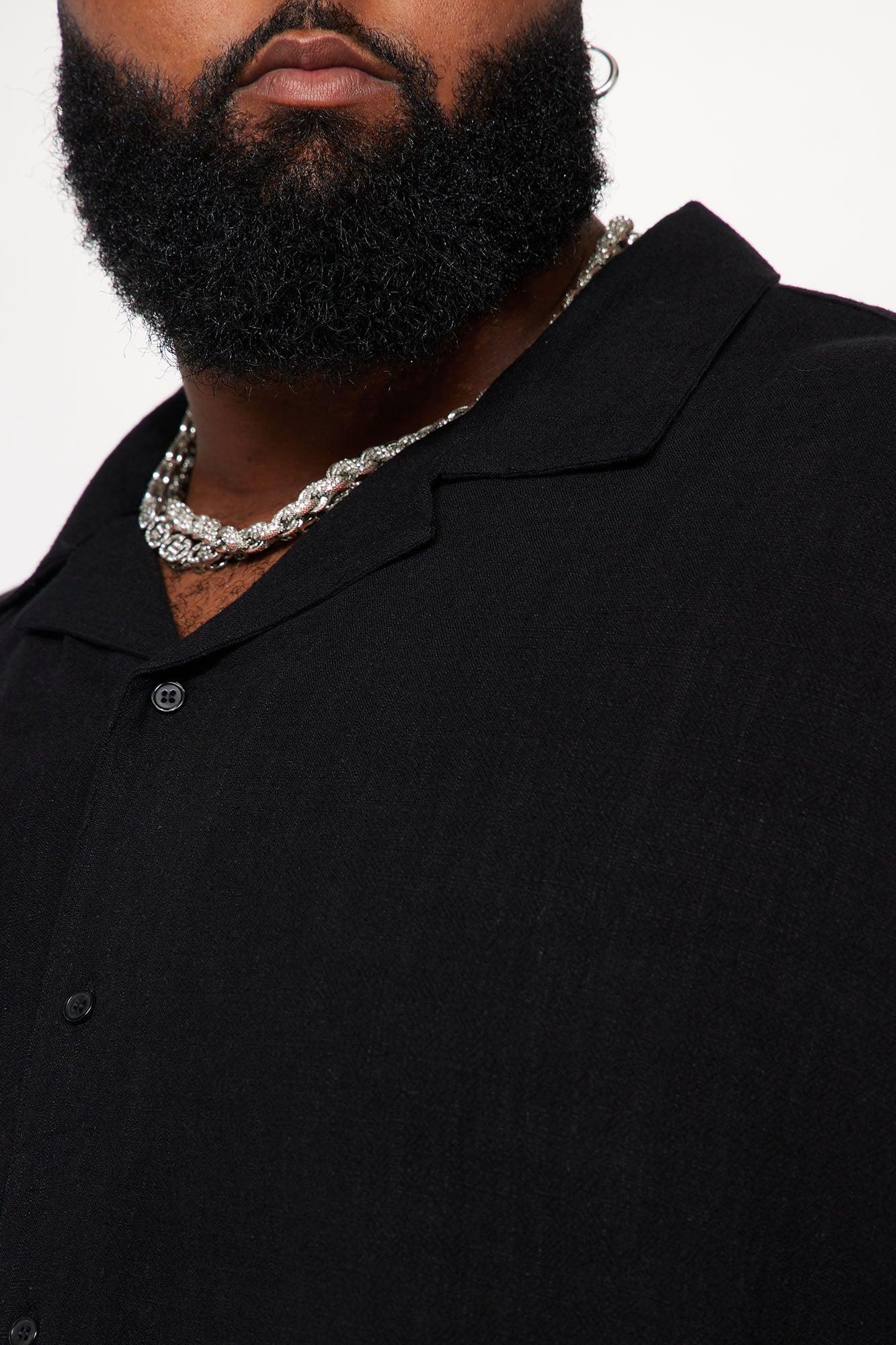 Solid Textured Linen Button Up Shirt - Black Product Image