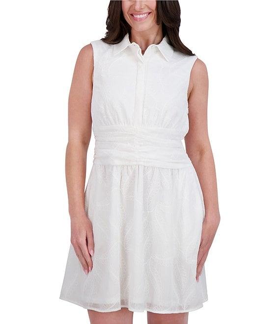 Kensie Embroidered Woven Point Collar Neck Sleeveless A-Line Mini Dress Product Image