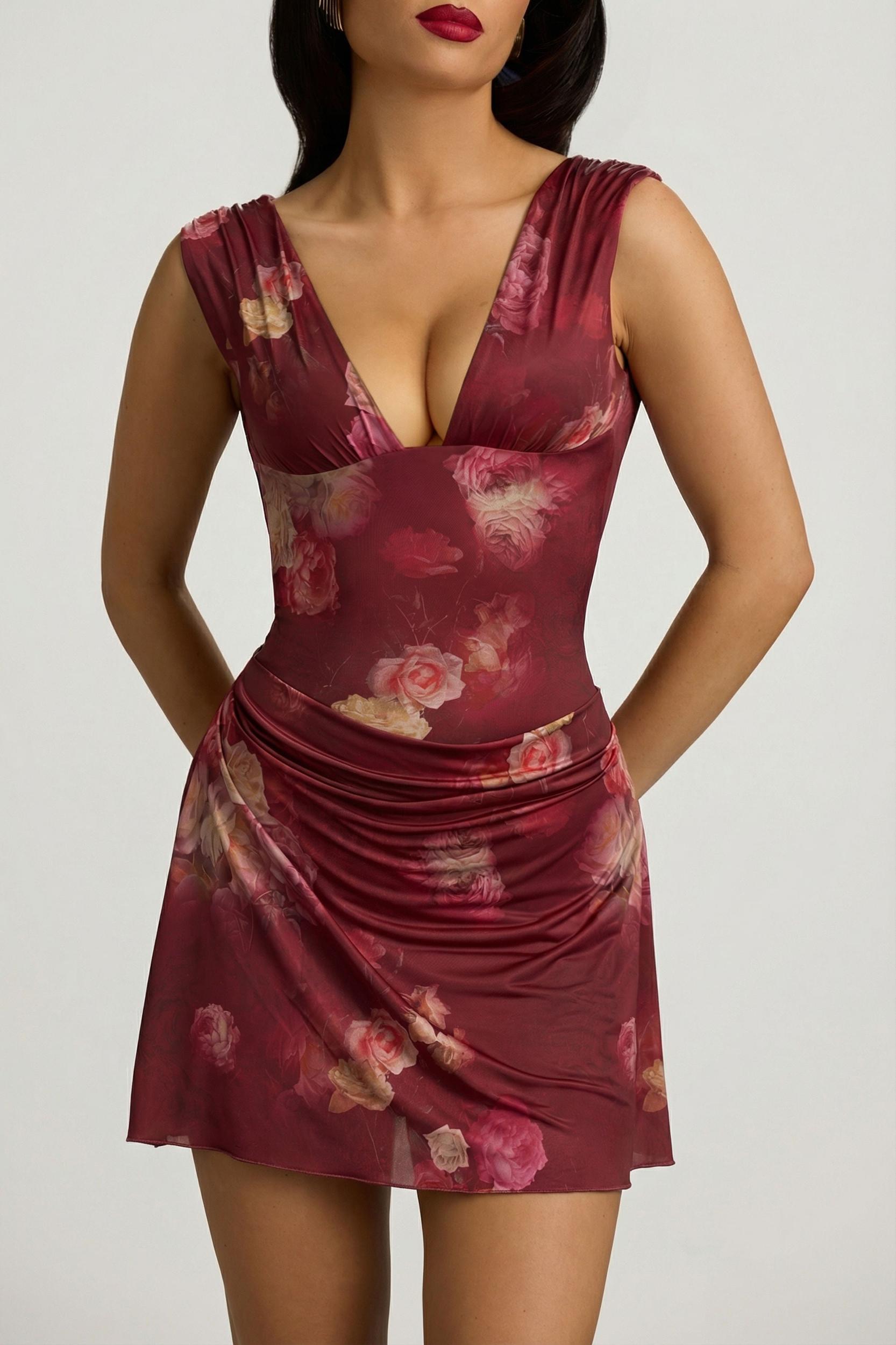 Draped Open-Back A-Line Mini Dress in Maroon Floral Print Product Image