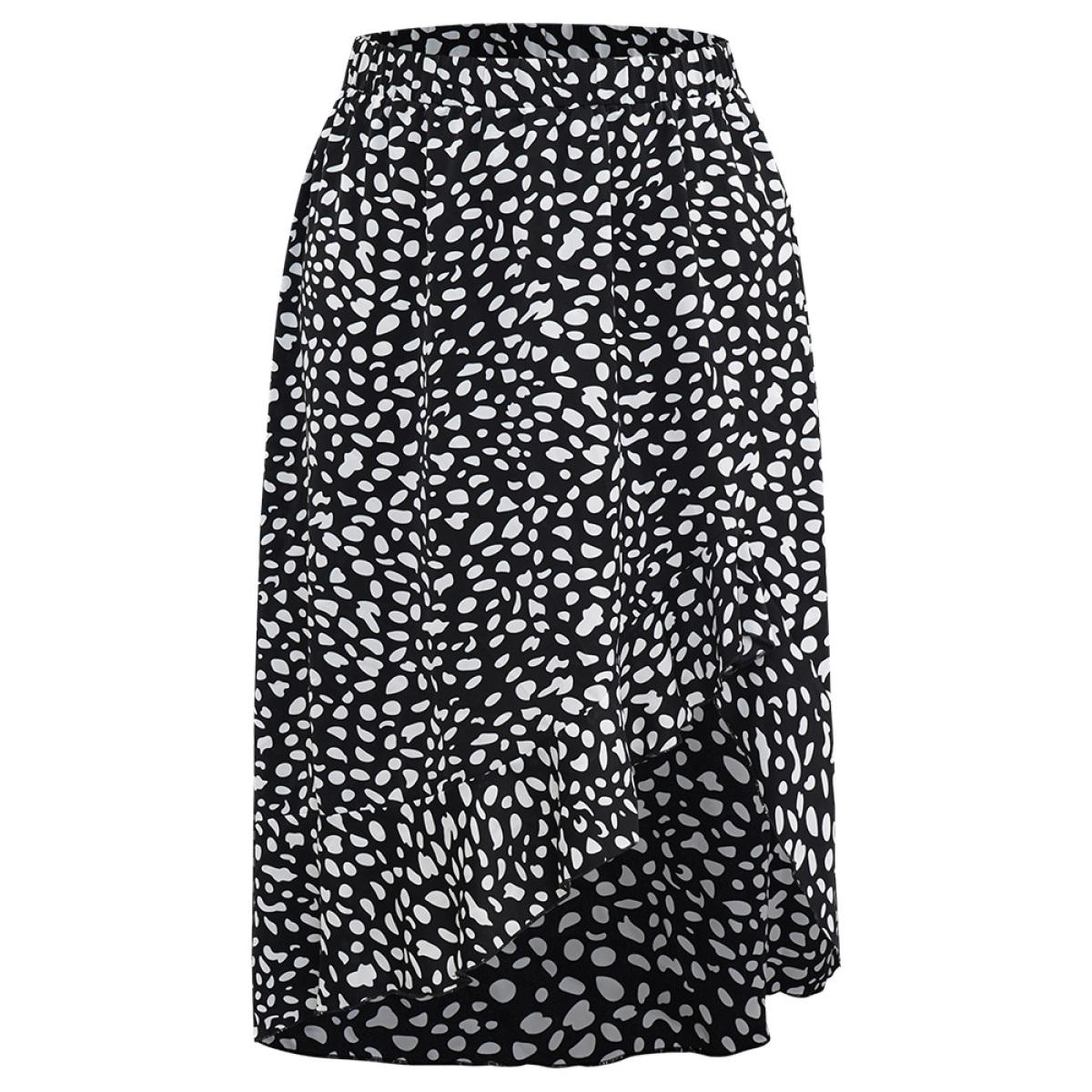 Plus Size Leopard Elastic Waist Ruffles Asymmetrical Hem Skirt Women Black Elegant Elastic Waist Low stretch Dailywear Skirts BloomChic 26/4X Product Image