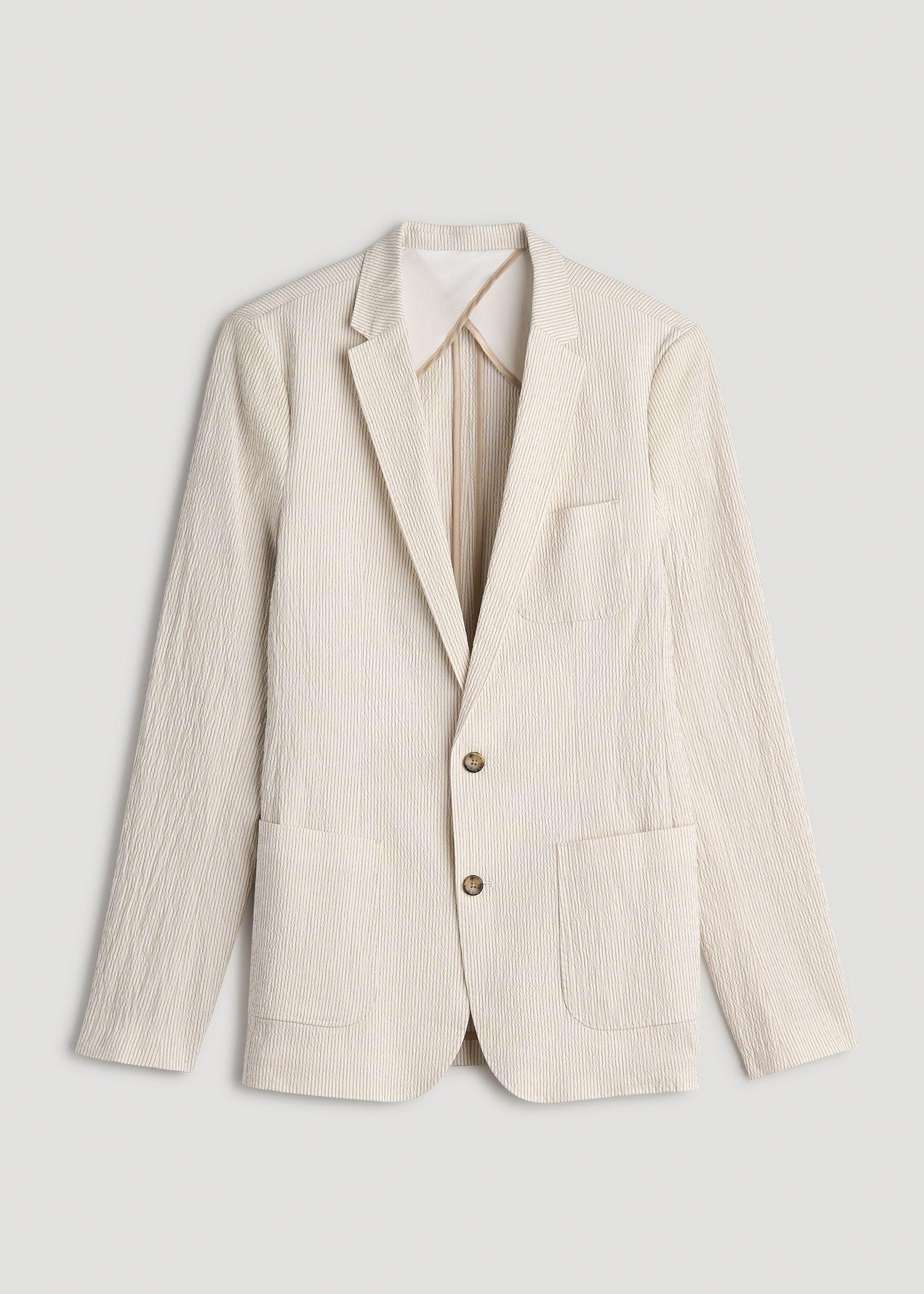 Stretch Seersucker Blazer for Tall Men in Off White and Beige Stripe Male Product Image