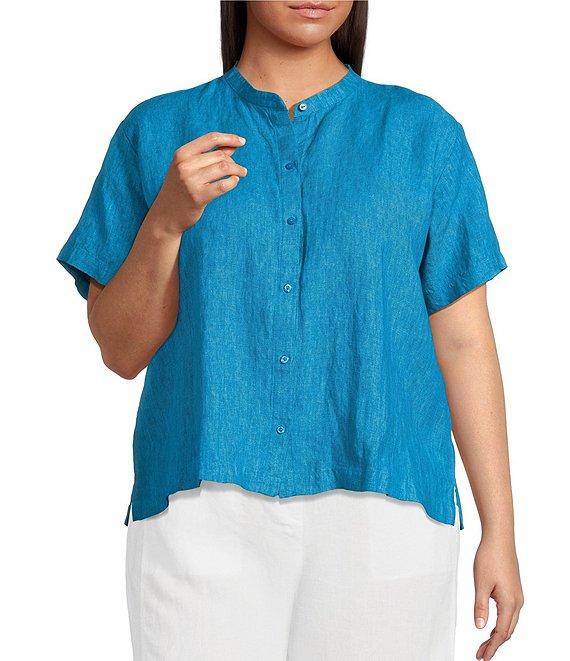 Eileen Fisher Plus Washed Organic Linen Mandarin Collar Short Sleeve Button Front Top Product Image