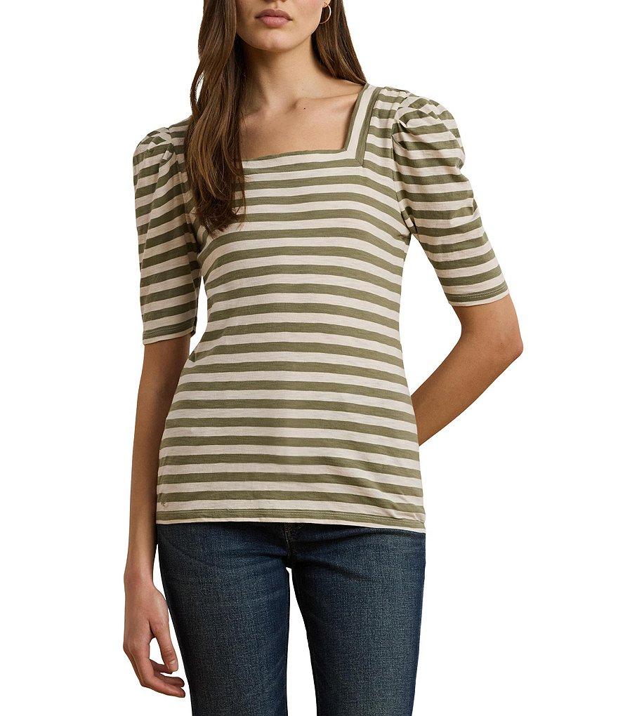Lauren Ralph Lauren Knit Stripe Print Square Neck Short Puff Sleeve Tee Shirt Product Image