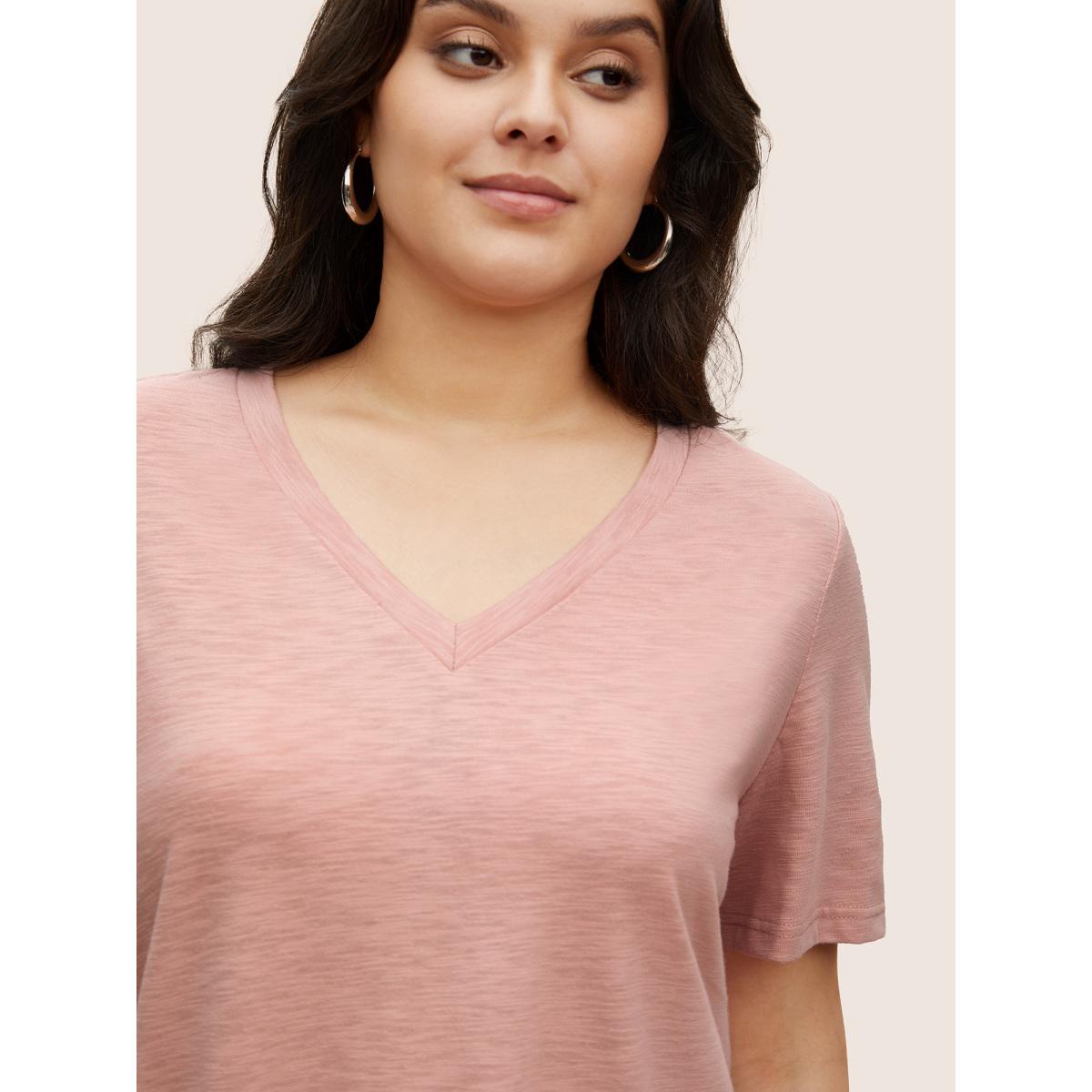 Plus Size V Neck Heather Cotton Blended T-shirt Pink Women Casual V-neck Everyday T-shirts BloomChic 18-20/2X Product Image