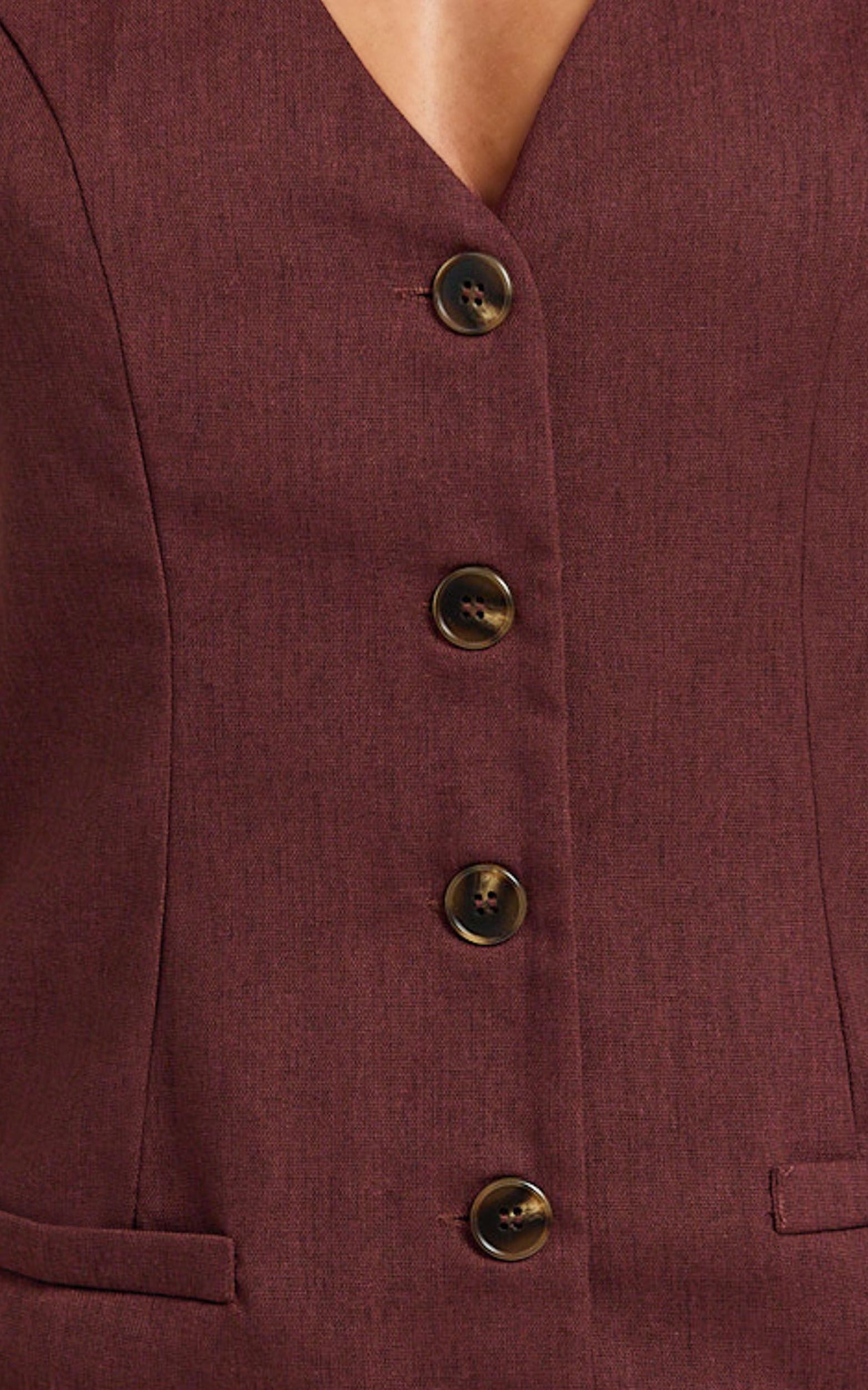 Kyla Mini Dress - V Neck Button Up Linen Vest Dress in Chocolate Product Image