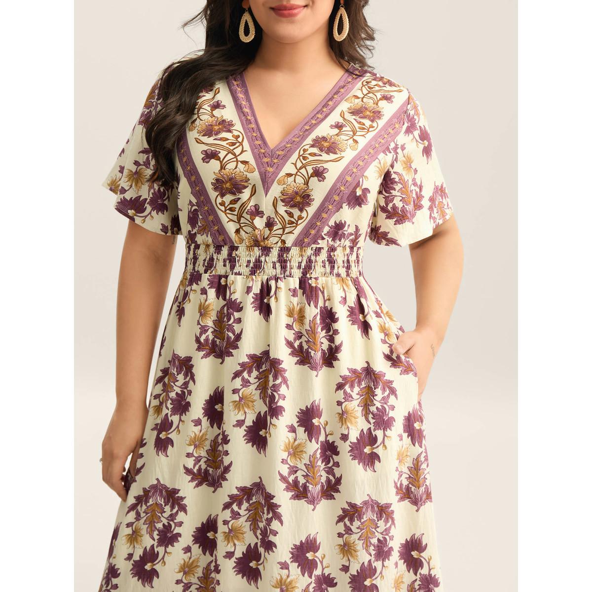 Plus Size Rayon Floral Print Stretchy Waist Midi Dress Deeppurplered Women V-neck Short sleeve Curvy BloomChic 12/L Product Image