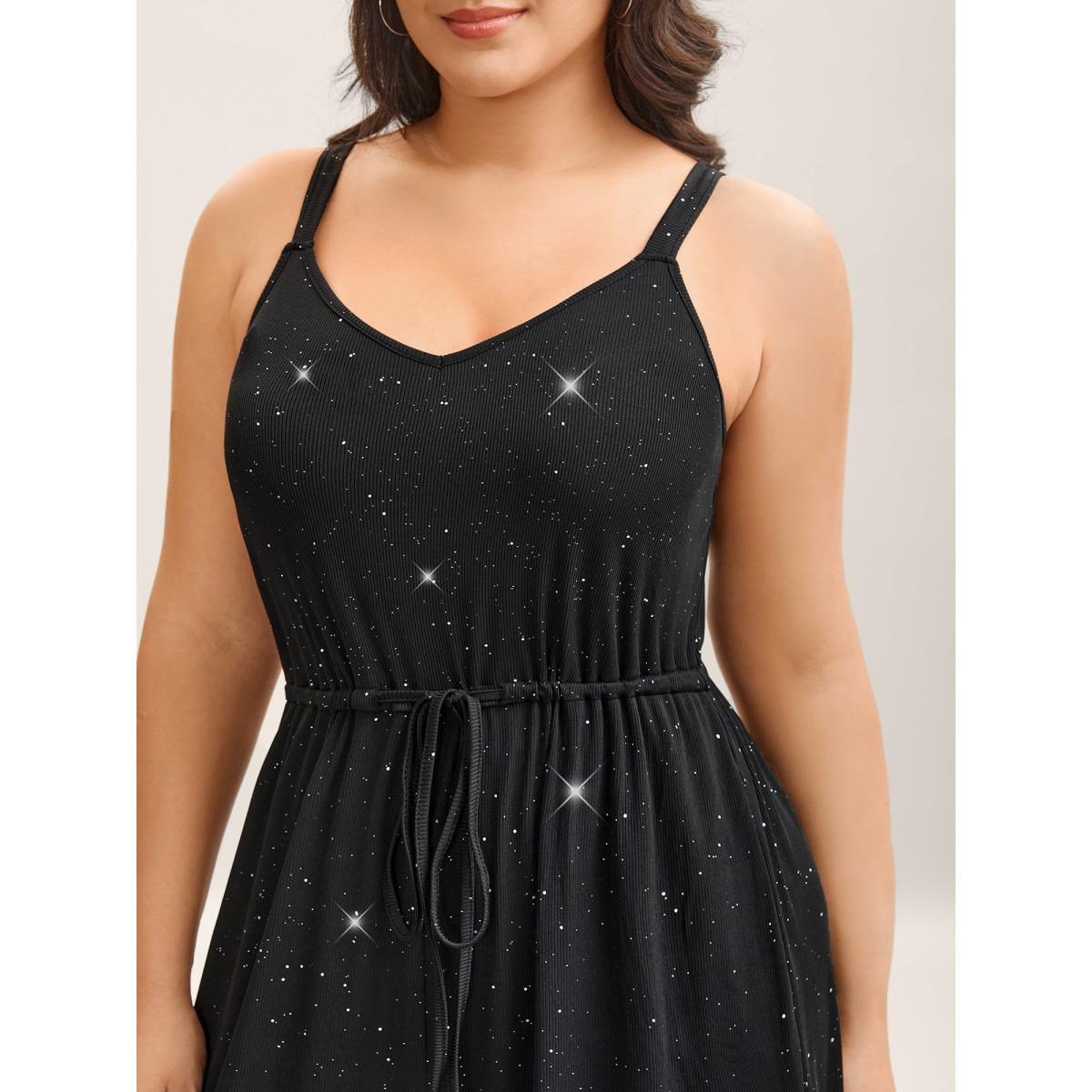 Plus Size Black Sequins Waist-Tie Wide-Leg Jumpsuit Women Sleeveless V-neck Everyday-Casual Loose Jumpsuits BloomChic 18-20/2X Product Image