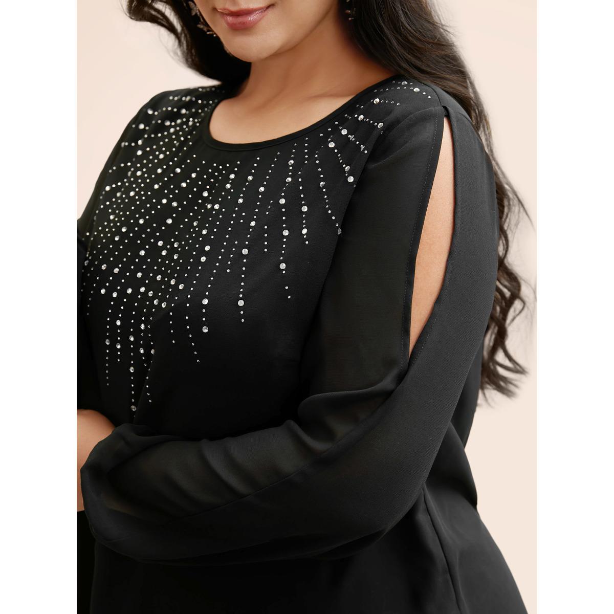 Plus Size Black Rhinestone Cut Out Lantern Sleeve Blouse Women Cocktail Long Sleeve Round Neck Party Blouses BloomChic 12/L Product Image