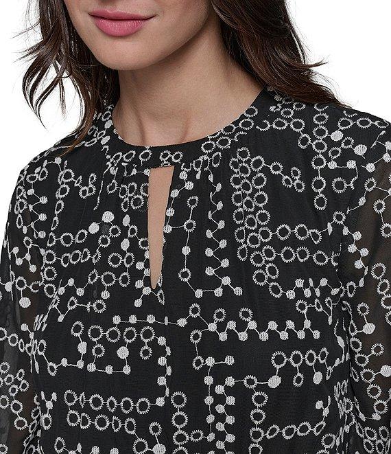 KARL LAGERFELD PARIS Keyhole Neck Embroidered Dot Mixed Media Aline Dress Product Image