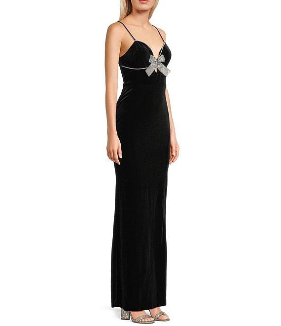 Blondie Nites Velvet Bow Front Spaghetti Strap Gown Product Image