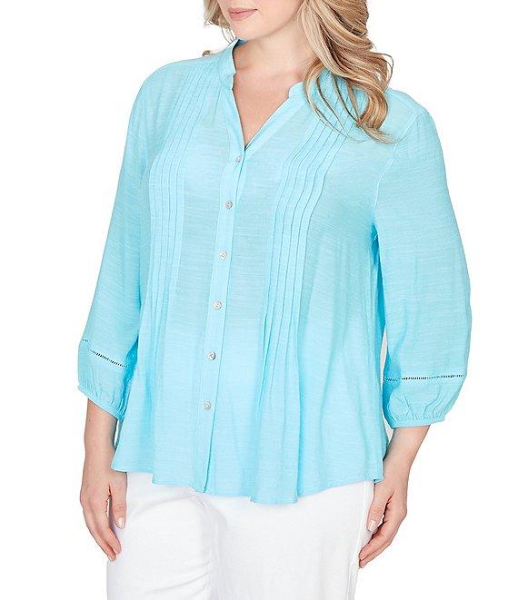 Ruby Rd. Plus Size Silky Slub Woven Split V-Neck 3/4 Sleeve Button Front Top Product Image