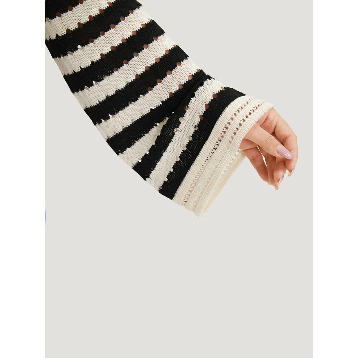 Plus Size Striped Ties Front Eyelet Lace Cardigan Black Women Casual Loose Long Sleeve Dailywear Cardigans BloomChic 26/4X Product Image