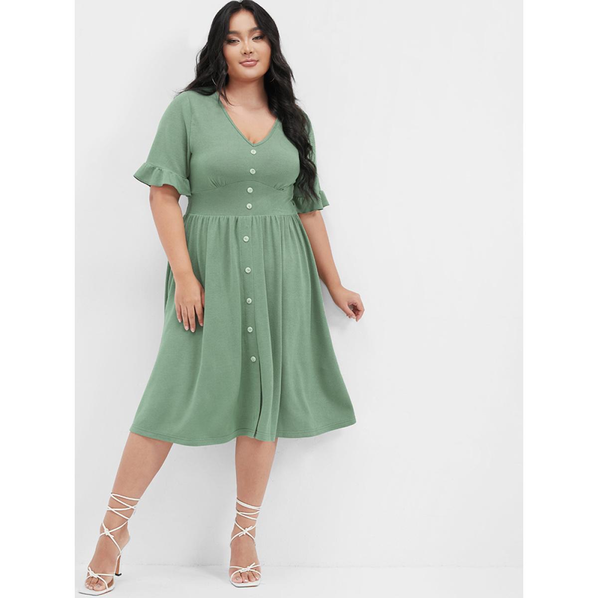 Plus Size Solid Shirred Ruffles Button V Neck Midi Dress LightGreen Women Elegant Gathered V-neck Short sleeve Curvy Midi Dress BloomChic 10/M Product Image