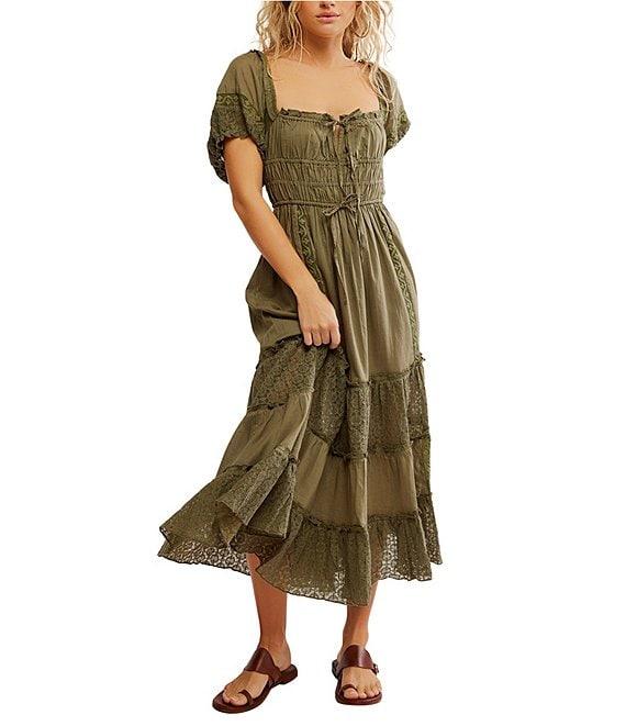 Free People Falling Sun Square Neck Short Puff Sleeve Tiered Midi Dress Product Image
