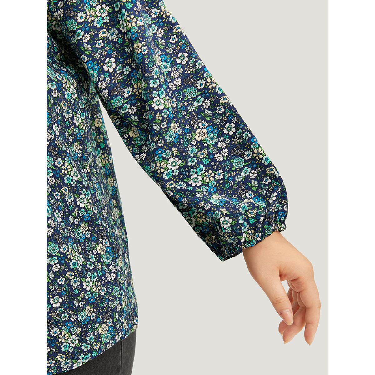 Plus Size Indigo Ditsy Floral Knot Neck Elastic Cuffs Blouse Women Elegant Long Sleeve Tie Neck Everyday Blouses BloomChic 14-16/1X Product Image
